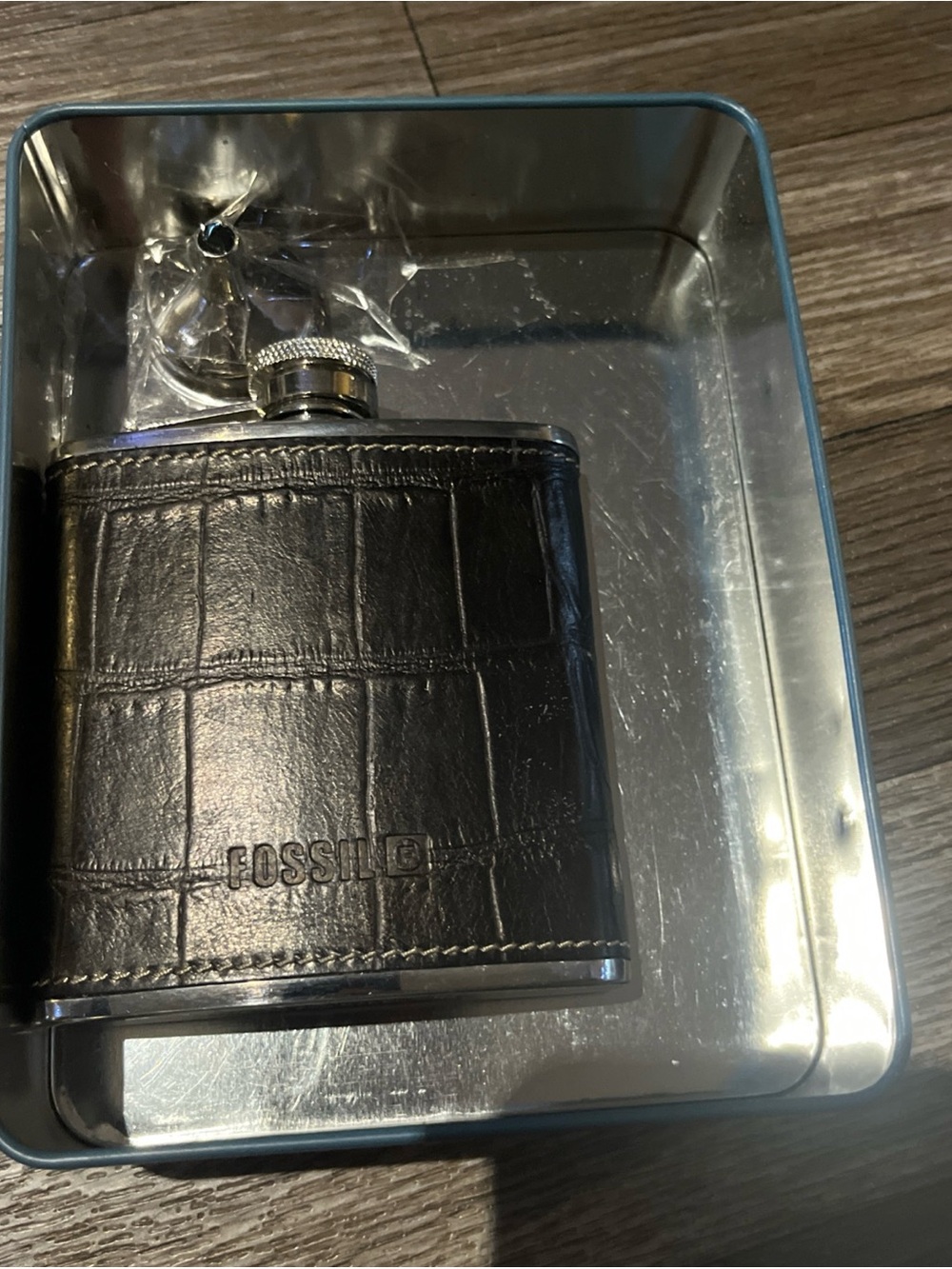 Fossil Dark Brown Leather Hip Flask with Decorative Tin